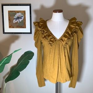 Anthropologie Ruffled V-Neck Long Sleeve Top, Burnished Gold, Size M